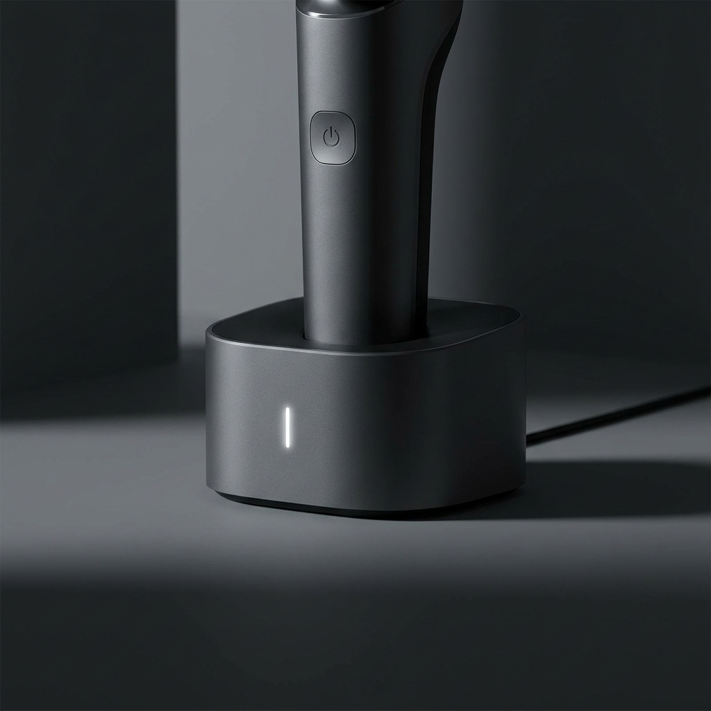 Minimalist charging dock for electric shaver in sleek graphite material